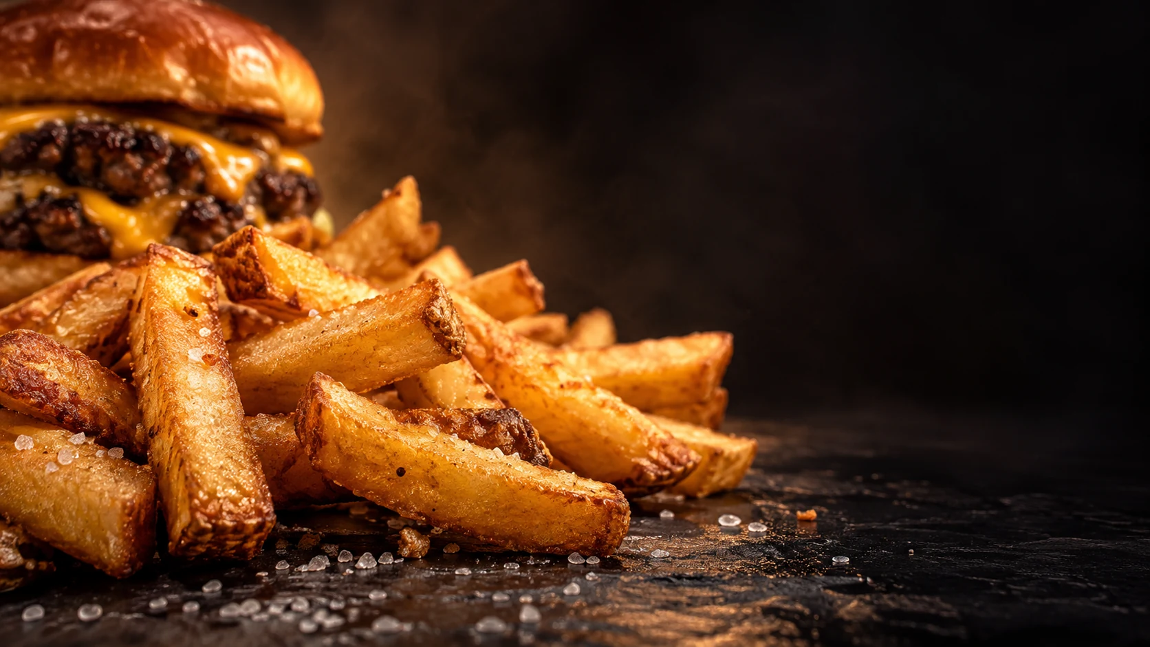 Golden fries with tiny salt crystals, photographed close up against a dark background.